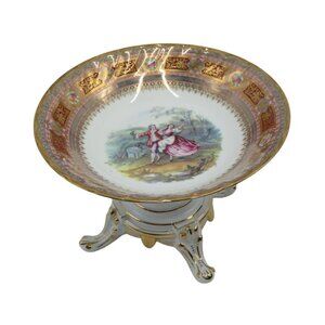 Rare LIMOGES Pedestal FOOTED Bowl Gilded Accents Romantic Scene VTG -  Repaired